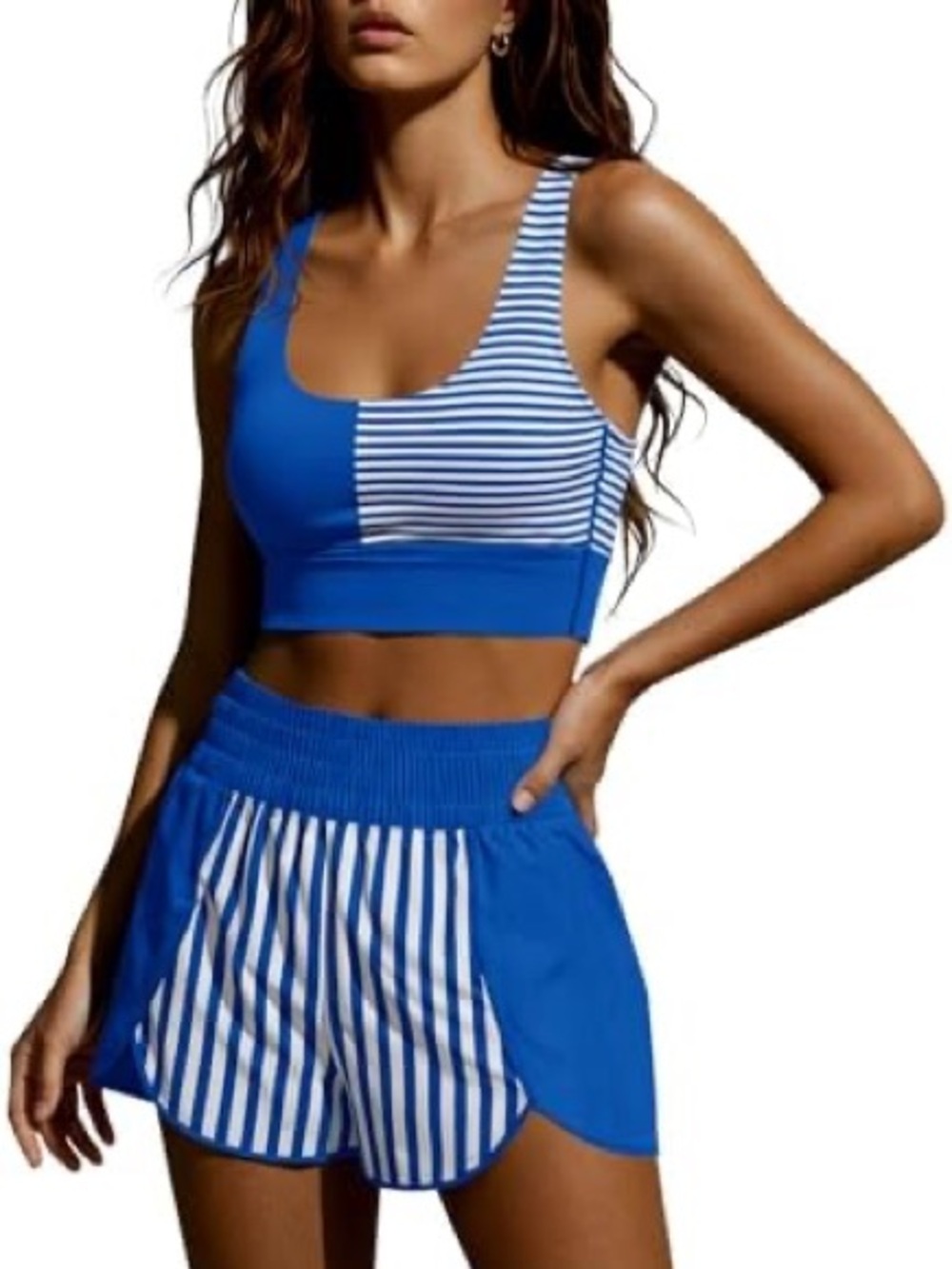 Coastal Tennis Activewear Set FISOEW Blue Stripe Bra Shorts L NWOT gift lounge
